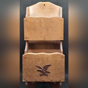 Vintage MCM Giftwood Wood Letter, File & Key Holder With Brass Eagle Japan Made